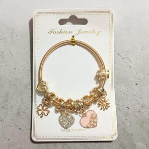 Gold Charm Bracelet Heart Clover Crown Bangle Pink Rhinestone Bead Bracelet Cute